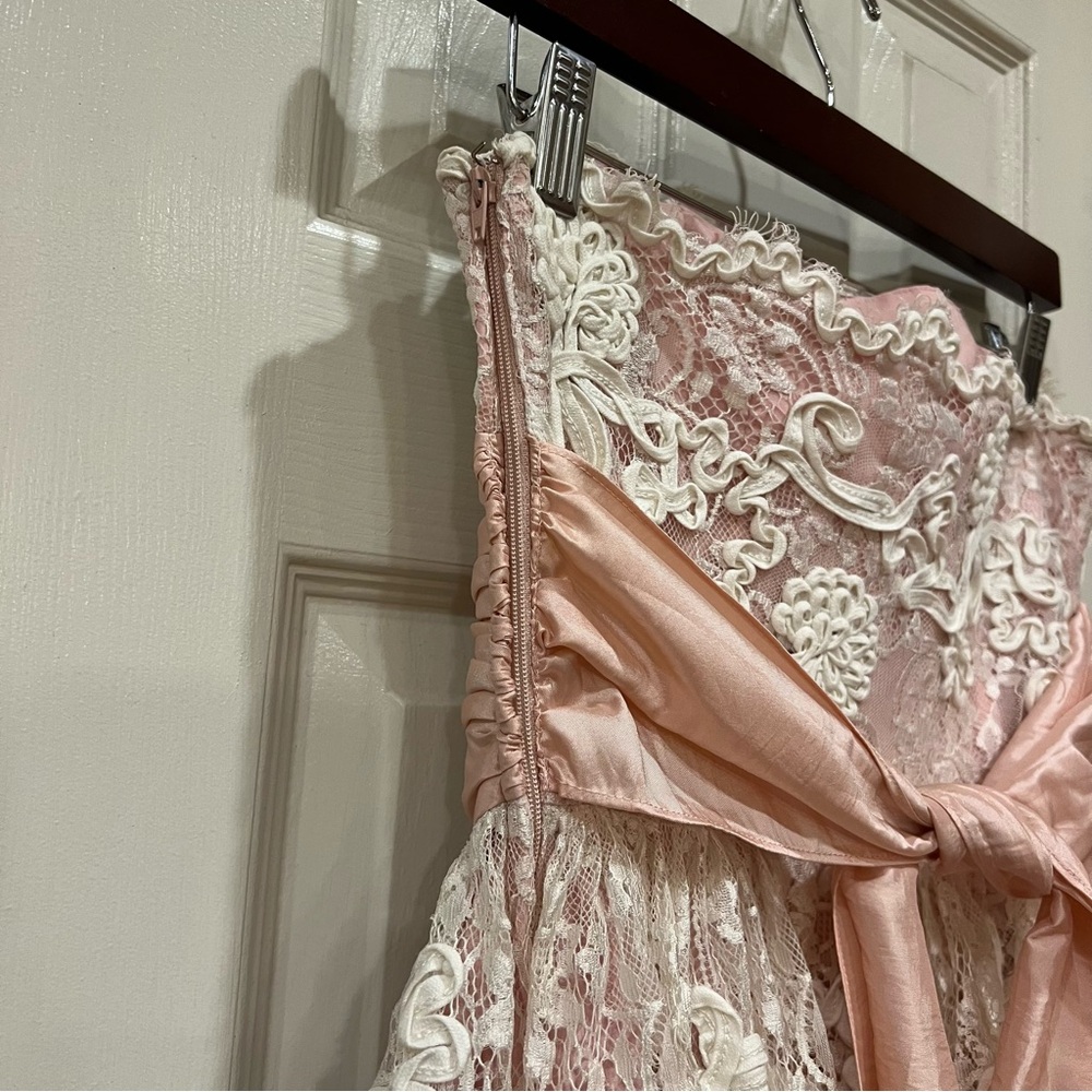 Vintage Betsey Johnson Lace Pink Strapless Mini Dress Lacey Tea Party Tulle Bow - Picture 8 of 14